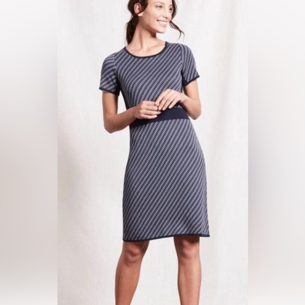 Boden Zoe Knitted Shift Dress Blue White Geo Stripe Stretch Work Casual Size 8P